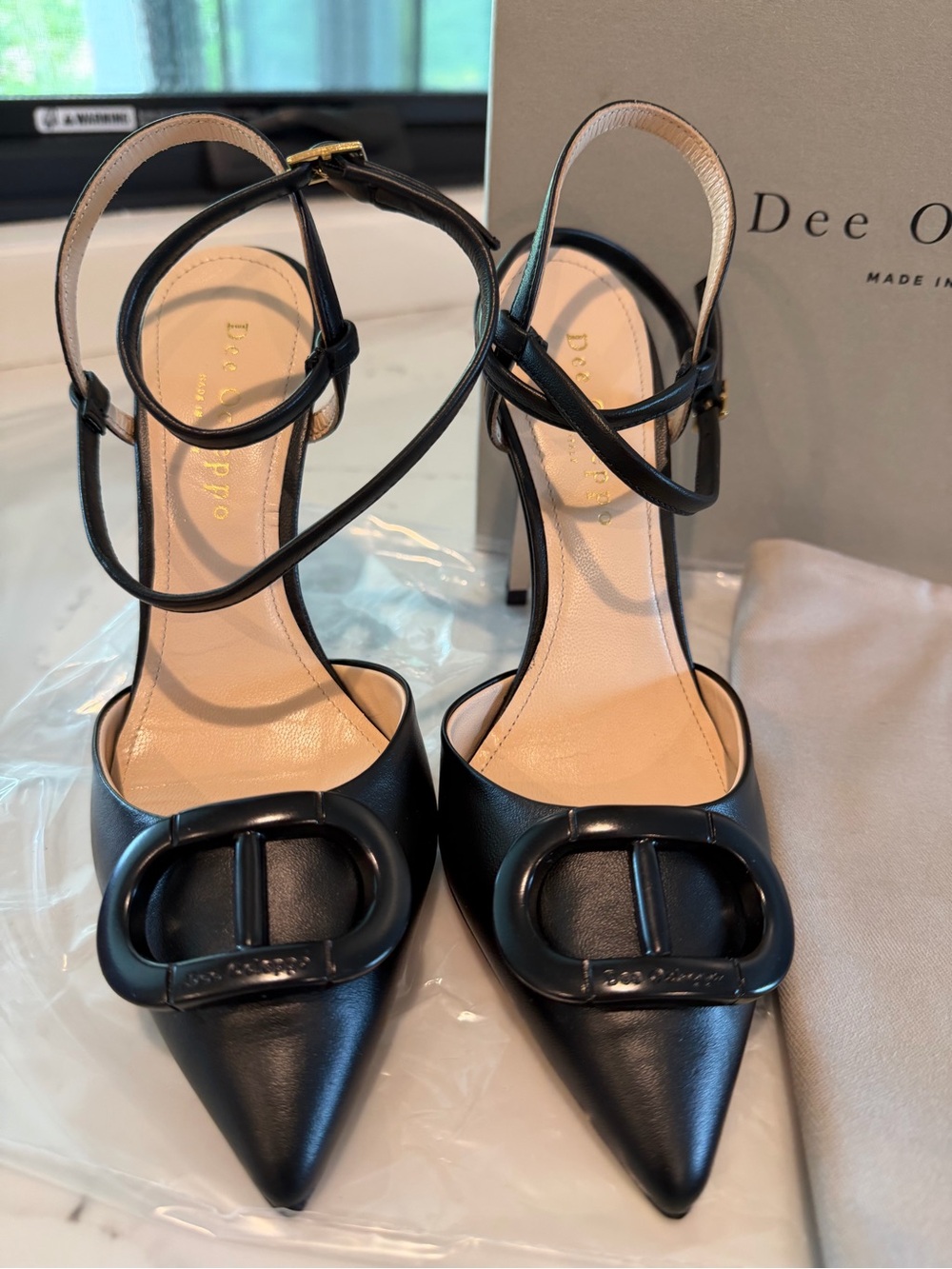 Dee Ocleppo Black Pointed Ankle-Strap Heels